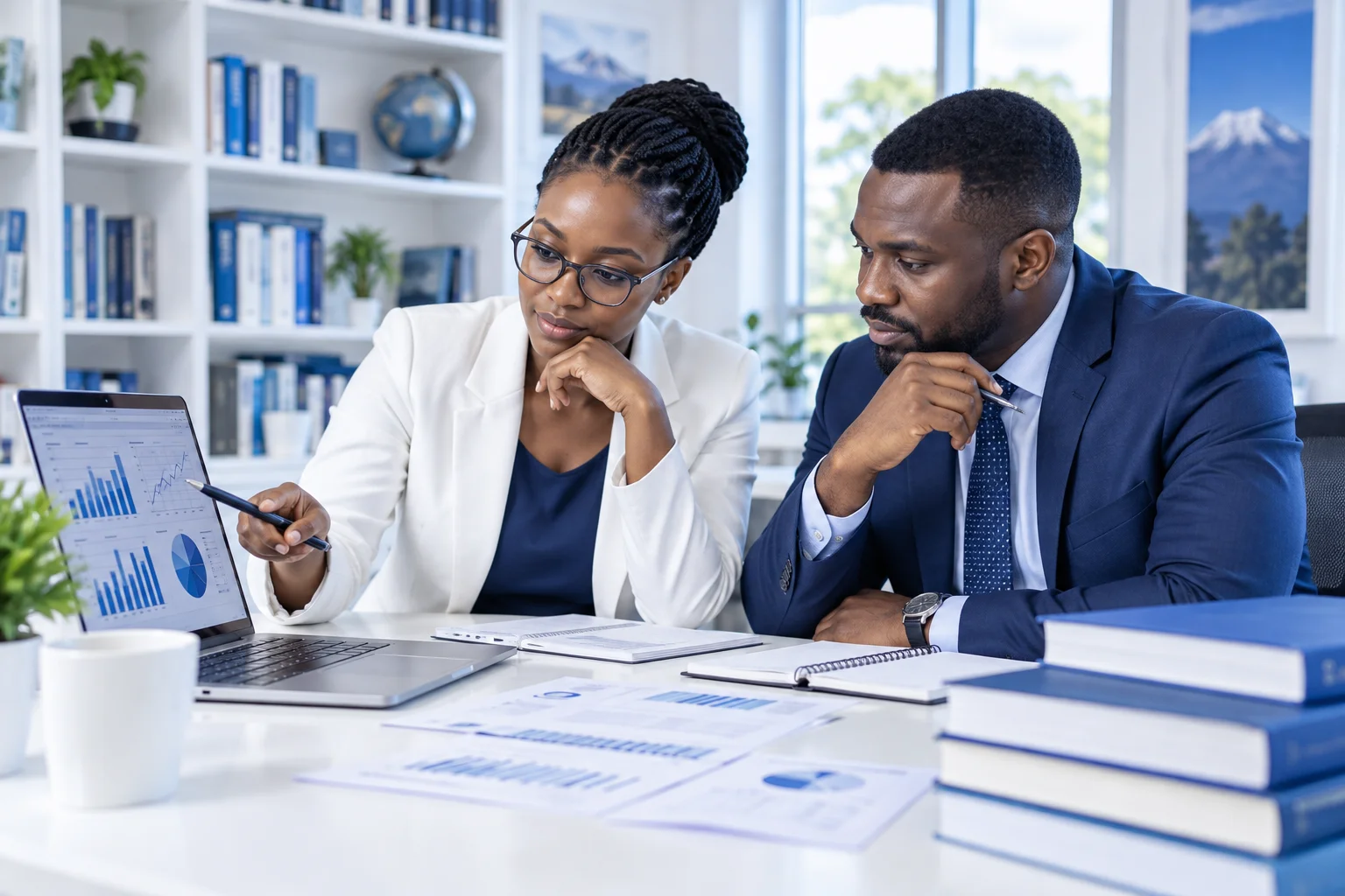 Researchers reviewing statistical charts and academic research