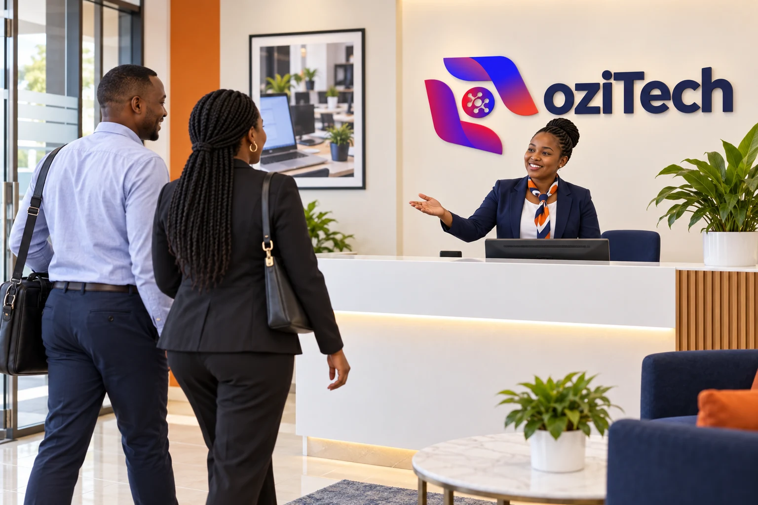 Illustration of an oziTech receptionist welcoming customers, with the company logo on the wall